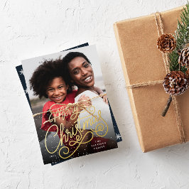 Tarjeta Festiva Con Relieve Metalizado Foto de Navidades con guión de nieve