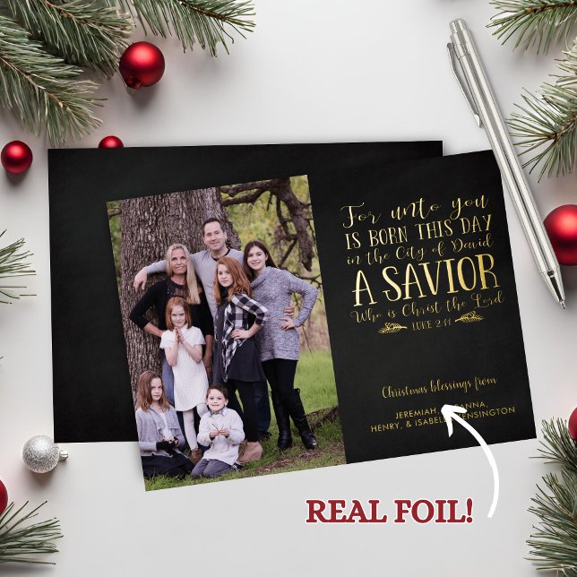 Tarjeta Festiva Con Relieve Metalizado Foto de Navidades cristianos contra Relieves metal (Gold Foil Christian Verse Christmas Photo Foil Holiday Card)