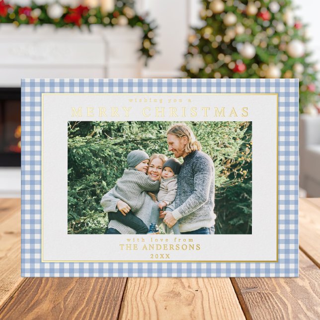 Tarjeta Festiva Con Relieve Metalizado Foto de Navidades de Blue Gingham (Subido por el creador)