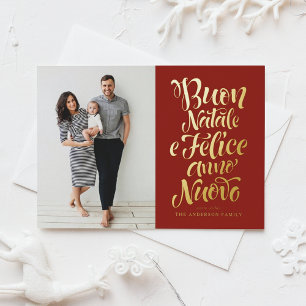 Tarjeta Festiva Con Relieve Metalizado Foto de Navidades de caligrafía de Red Buon Natale
