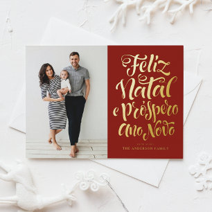 Tarjeta Festiva Con Relieve Metalizado Foto de Navidades de caligrafía de Red Feliz Natal