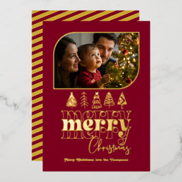 Tarjeta Festiva Con Relieve Metalizado Foto de Navidades de Doodle de Borgoña y Oro Retro