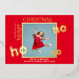 Tarjeta Festiva Con Relieve Metalizado Foto de Navidades de la familia Ho Ho Ho Red Busin