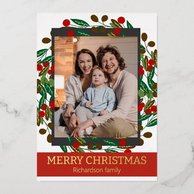Tarjeta Festiva Con Relieve Metalizado Foto de Navidades familiares elegantes de Floral W (Anverso)