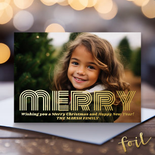 Tarjeta Festiva Con Relieve Metalizado Foto de navidades - horizontal con oro MERRY