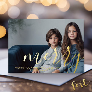 Tarjeta Festiva Con Relieve Metalizado Foto de navidades - horizontal con oro MERRY