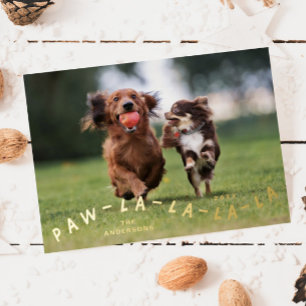 Tarjeta Festiva Con Relieve Metalizado Foto de Navidades Mascotas Paw-La-La-La-La-La-Fun