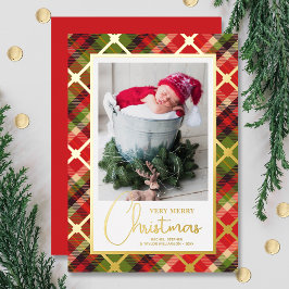 Tarjeta Festiva Con Relieve Metalizado Foto de navidades Plaid Gold