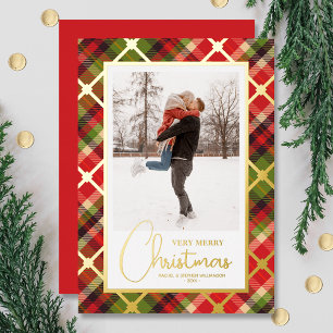 Tarjeta Festiva Con Relieve Metalizado Foto de navidades Plaid Gold