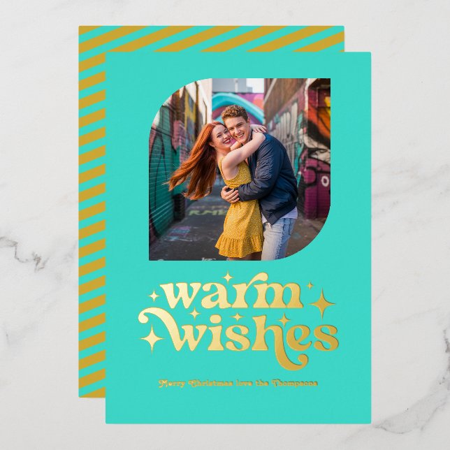 Tarjeta Festiva Con Relieve Metalizado Foto de Navidades retro modernos turquesa y dorada (Anverso/Reverso)