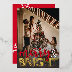 Tarjeta Festiva Con Relieve Metalizado Foto de Navidades superpuestos de Merry y BRIGHT