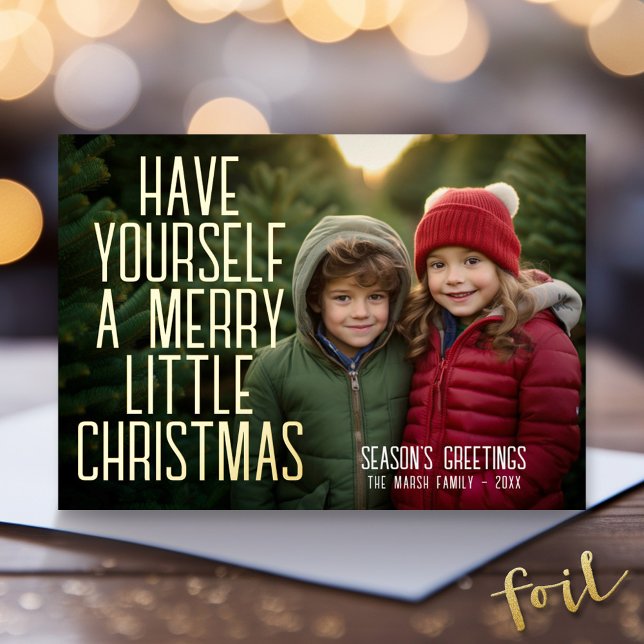 Tarjeta Festiva Con Relieve Metalizado Foto de navidades - Tómate un poco de alegría (Gold Foil Christmas Photo Card - Modern Holiday Greeting)
