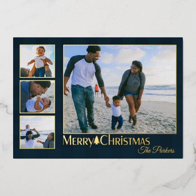 Tarjeta Festiva Con Relieve Metalizado Foto de Navidades tradicionales colocados en el pa (Anverso)