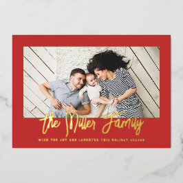 Tarjeta Festiva Con Relieve Metalizado Foto de nombre de familia personalizado rojo