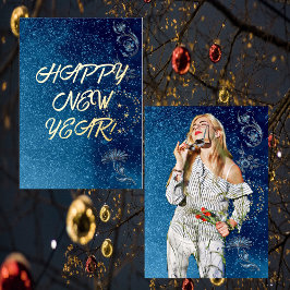 Tarjeta Festiva Con Relieve Metalizado Foto de novia con año nuevo feliz brillante azul