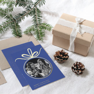 Tarjeta Festiva Con Relieve Metalizado Foto de Ornamento de Navidad de Feliz