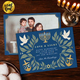 Tarjeta Festiva Con Relieve Metalizado Foto de paloma judía de Hanukkah azul