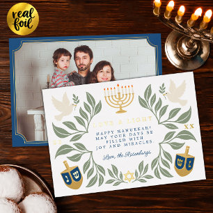 Tarjeta Festiva Con Relieve Metalizado Foto de paloma judía de Hanukkah blanca