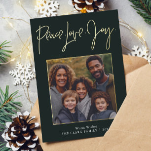 Tarjeta Festiva Con Relieve Metalizado Foto de "Peace Love Joy"