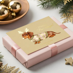 Tarjeta Festiva Con Relieve Metalizado Foto de perro Dachshund con suéter navideño a cuad