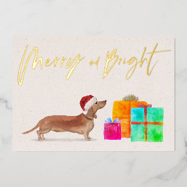 Tarjeta Festiva Con Relieve Metalizado Foto de perro Dachshund dorado de vacaciones de Na