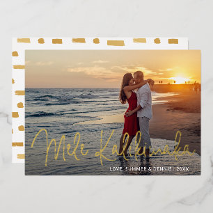 Tarjeta Festiva Con Relieve Metalizado Foto de Playa Mele Kalikimaka Elegante Navidad