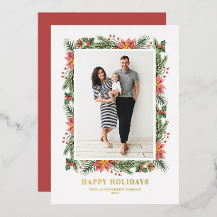 Tarjeta Festiva Con Relieve Metalizado Foto de poinsettias y agujas de pino vintage