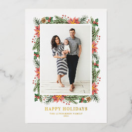 Tarjeta Festiva Con Relieve Metalizado Foto de Poinsettias y Agujas de Pino Vintage