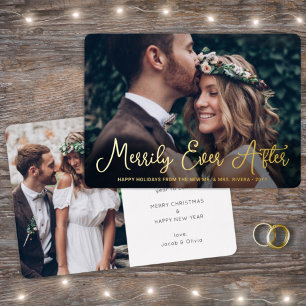 Tarjeta Festiva Con Relieve Metalizado Foto de recién casados en su primera Navidad 'Merr
