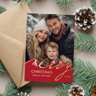 Tarjeta Festiva Con Relieve Metalizado Foto de Red Merry Christmas Script