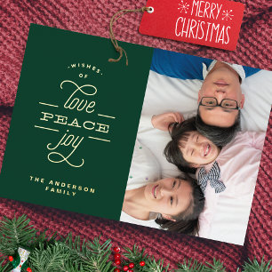 Tarjeta Festiva Con Relieve Metalizado Foto de saludo de amor paz alegría en verde dorado