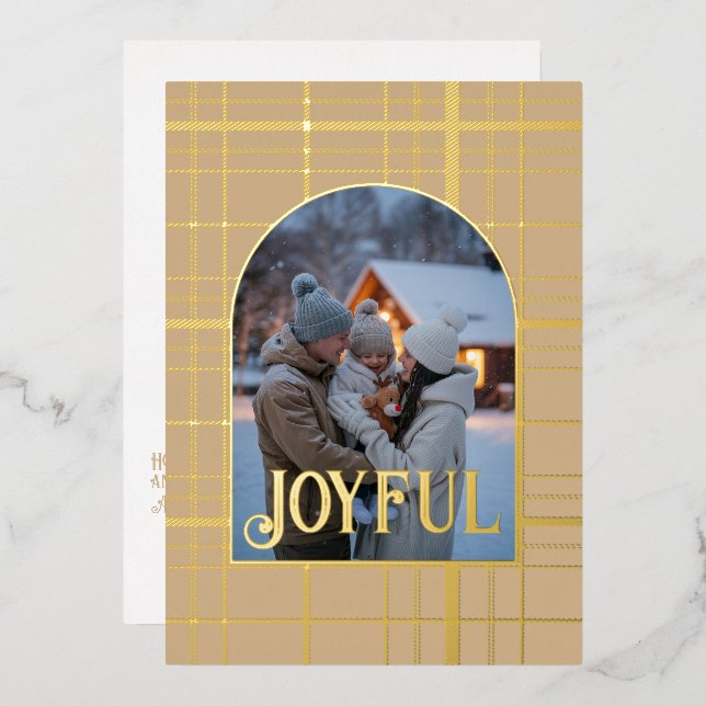 Tarjeta Festiva Con Relieve Metalizado Foto de vacaciones de Navidad a cuadros Tan & Gold (Anverso/Reverso)
