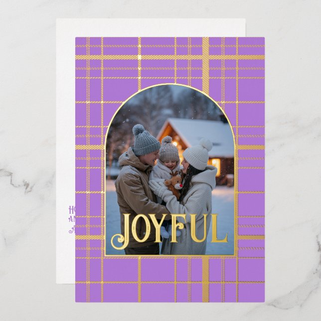 Tarjeta Festiva Con Relieve Metalizado Foto de vacaciones de Navidad de cuadros de lavand (Anverso/Reverso)