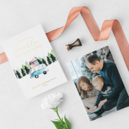 Tarjeta Festiva Con Relieve Metalizado Foto de vacaciones de Navidad de furgoneta vintage