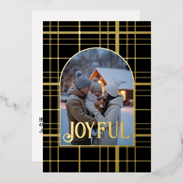 Tarjeta Festiva Con Relieve Metalizado Foto de vacaciones de Navidad en cuadros negros y  (Anverso/Reverso)