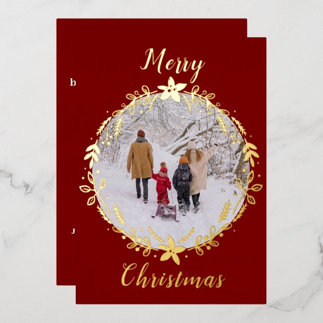Tarjeta Festiva Con Relieve Metalizado Foto de Wreath One de Red Merry Christmas (Anverso/Reverso)