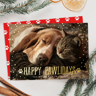 Tarjeta Festiva Con Relieve Metalizado Foto del Mascota Happy Pawlidays