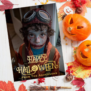 Tarjeta Festiva Con Relieve Metalizado Foto Divertida de Piloto Zombie Espeluznante para
