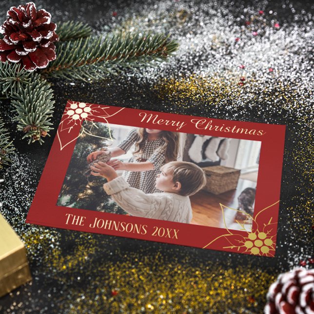 Tarjeta Festiva Con Relieve Metalizado Foto elegante de Navidad con poinsettia roja (Subido por el creador)