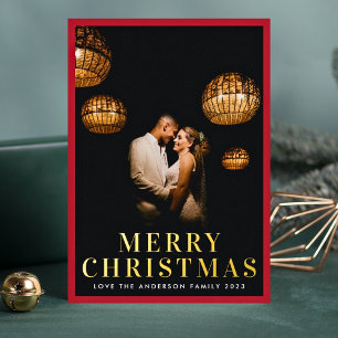 Tarjeta Festiva Con Relieve Metalizado Foto elegante de Navidad en rojo con marco dorado