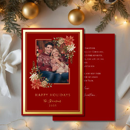 Tarjeta Festiva Con Relieve Metalizado Foto elegante de poinsettia roja y dorada