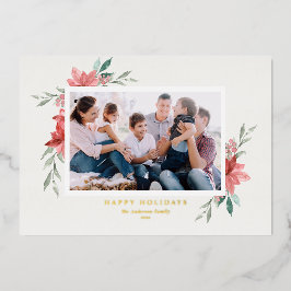 Tarjeta Festiva Con Relieve Metalizado Foto elegante de poinsettias rojas en acuarela