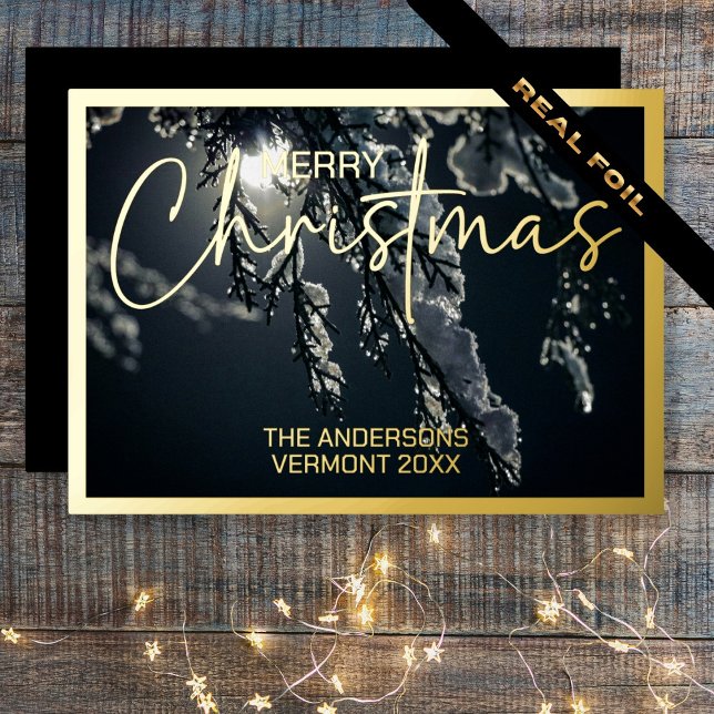 Tarjeta Festiva Con Relieve Metalizado Foto enmarcada (Framed Photo Minimal Black Foil Holiday Card)