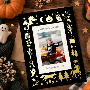 Tarjeta Festiva Con Relieve Metalizado Foto Espeluznante de Halloween Vintage