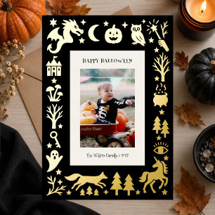 Tarjeta Festiva Con Relieve Metalizado Foto Espeluznante de Halloween Vintage