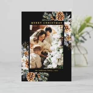 Tarjeta Festiva Con Relieve Metalizado Foto Familiar Acuarela Botánico Floral Navidad