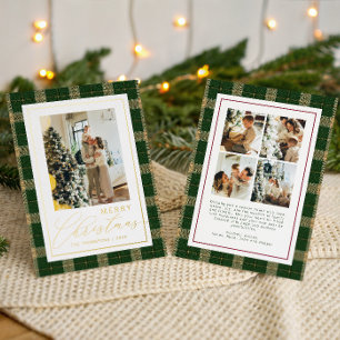 Tarjeta Festiva Con Relieve Metalizado Foto familiar clásica de Navidad en cuadros verdes