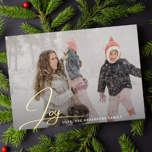 Tarjeta Festiva Con Relieve Metalizado Foto familiar con letra a mano de alegría navideña