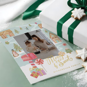 Tarjeta Festiva Con Relieve Metalizado Foto familiar de Merry & Sweet Gingerbread Candy T