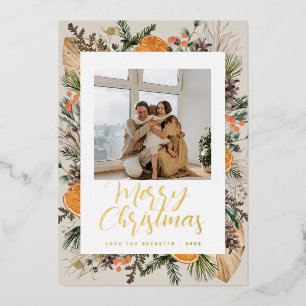 Tarjeta Festiva Con Relieve Metalizado Foto familiar de Navidad Boho con botánica seca